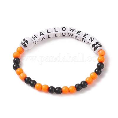 Kit De Perles Halloween Pour Bracelets - Perles Citrouille, Araignée, Crâne Avec Cordon élastique Et Ciseaux, Création Bijoux Enfant