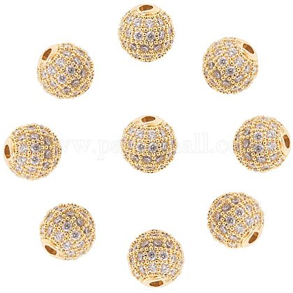 NBEADS 8mm Brass Clear Gemstones Cubic Zirconia CZ Stones Pave Micro Setting Disco Ball Spacer Beads ZIRC-NB0001-09-1