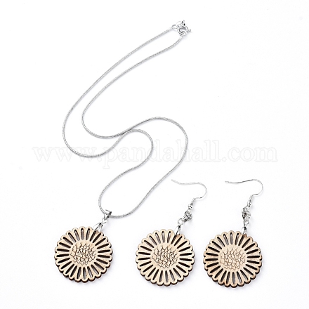 Boucles d'oreilles pendantes en bois non teint et colliers pendentifs ensembles de bijoux SJEW-JS01057-1