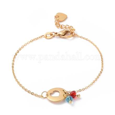 Placcatura ionica (ip) 304 braccialetto a maglie di cuore in acciaio inossidabile con ciondoli perline di vetro da donna STAS-E154-06G-1