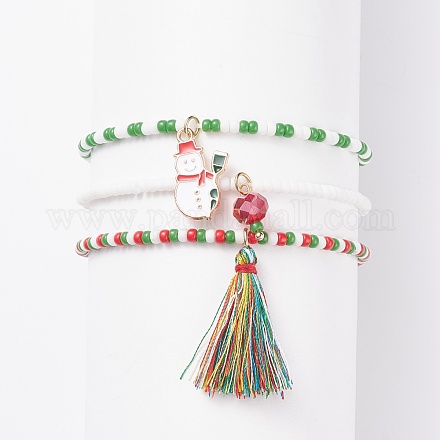 3Pcs 3 Style Glass Seed Stretch Bracelets Set with Alloy Santa Claus and Polyester Tassel Charm BJEW-TA00091-1