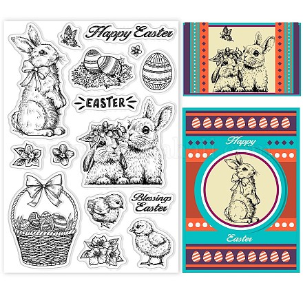 GLOBLELAND Vintage Happy Easter Day Clear Stamps Easter Bunny Silicone Stamps Easter Egg Chick Rubber Transparent Rubber Seal Stamps for Card Making DIY Scrapbooking Photo Album Decoration DIY-WH0167-57-0122-1
