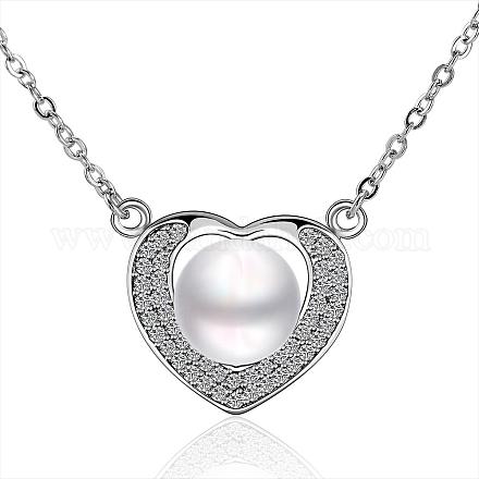 Platinum Plated Brass Heart Shell Pearl Pendant Necklaces NJEW-BB08534-1