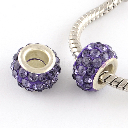 Polymer Clay Rhinestone European Large Hole Beads with Silver Color Plated Brass Cores FPDL-R002-07-1
