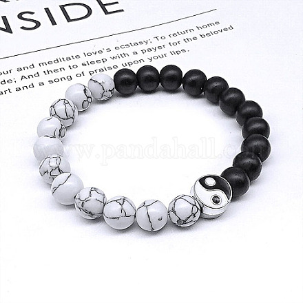 Bracelets extensibles en perles de howlite naturelle et de pierre noire synthétique avec yin-yang JE8006-3-1