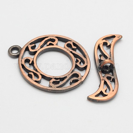 Brushed Red Copper Eco-Friendly Brass Flat Round Toggle Clasps KK-M154-48R-NR-1