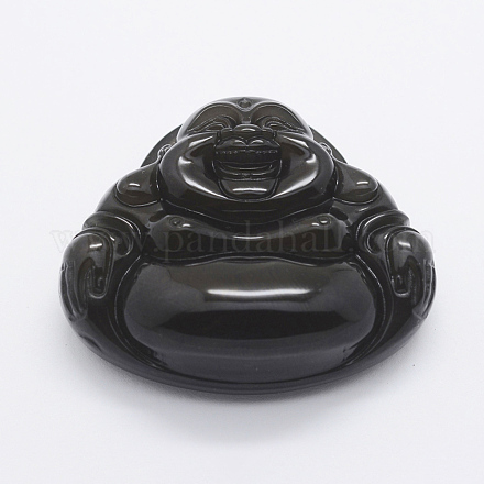 彫り加工天然石オブシディアンビッグサイズペンダントトップ  笑い仏  43x50x16mm  穴：1.5mm G-E428-23-1