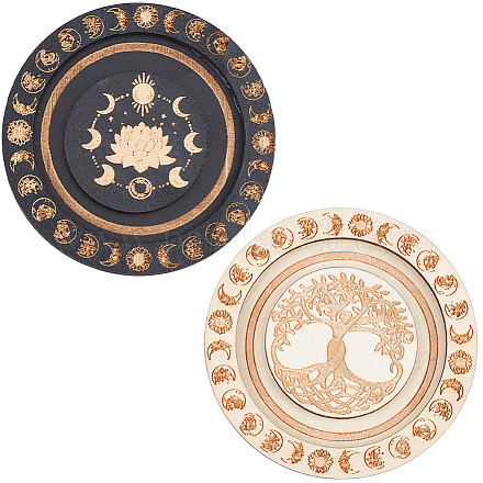 CREATCABIN 2Pcs Round Wood Jewelry Dish Trinket Tray Lotus Tree of Life Ring Dish Small Trinket Tray Ornament Earring Necklace Showcase Holder Organizer Flat Tray for Home Decor 3.8 Inch AJEW-CN0001-72-1
