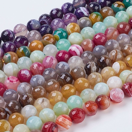 Faceted Round Dyed Natural Striped Agate/Banded Agate Beads Strands G-G581-14mm-M-1