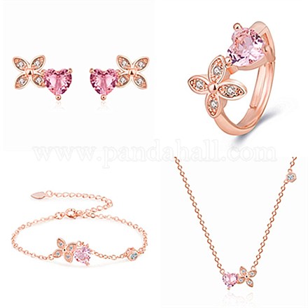 Conjunto de joyas de cuarzo rosa de imitación de vidrio de latón y corazón SJEW-BB62687-A-1