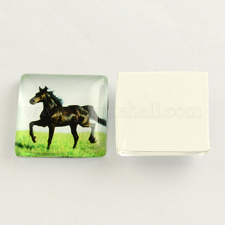 Horse Pattern Glass Square Cabochons X-GGLA-S022-12mm-27G-1