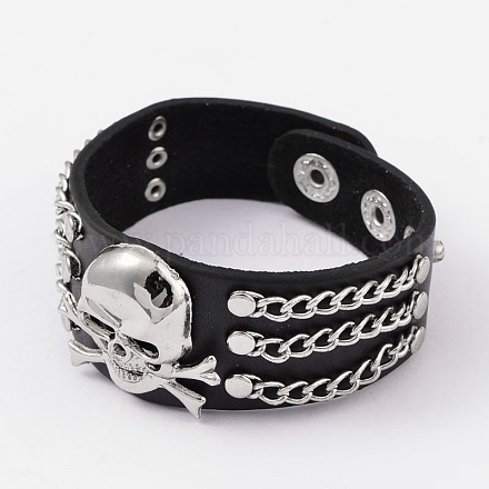 Punk Rock Skull with Crossbone Leather Cord Snap Bracelets BJEW-D351-15-1