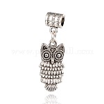 Búho estilo tibetano aleación colgantes europeos, Grandes colgantes agujero, plata antigua, 25x12x2mm, agujero: 4.5 mm