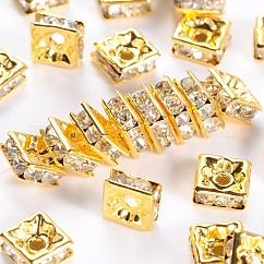 Abalorios de latón Diamante de imitación espaciador, Grado A, cuadrado, sin níquel, dorado, cristal, 6x6x3mm, agujero: 1 mm