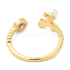 Anello a polsino aperto con perle di cervo di Natale in plastica e zirconi cubici&nbsp;RJEW-R139-01G