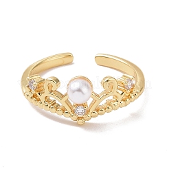 Bague de manchette ouverte en couronne de zircone cubique transparente avec perle acrylique perlée&nbsp;RJEW-P032-14G