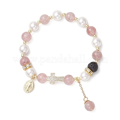 Braccialetti elastici in quarzo fragola naturale e perle di conchiglia&nbsp;BJEW-JB11823