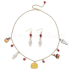 Halloween-Set aus Halskette und Ohrsteckern mit Totenkopfanhänger aus Emaille-Legierung und synthetischem Türkis&nbsp;SJEW-JS01341