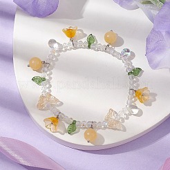 Bracelet extensible en perles de verre et de jade topaze naturelle teint avec breloques florales&nbsp;BJEW-JB10176-03