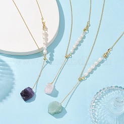 Collana lariat con pendente a pepita di pietre preziose naturali miste con perle di perle&nbsp;NJEW-JN04508
