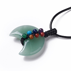 Collier pendentif double corne aventurine verte naturelle réglable avec cordon wax pour femme&nbsp;NJEW-B086-01G