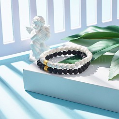 2 pièces 2 styles pierre de lave naturelle (teinte) bracelets extensibles à perles rondes sertis d'hématite synthétique de colonne&nbsp;BJEW-JB07578