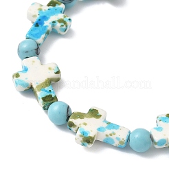 Bracelets extensibles en perles rondes et croix turquoise synthétiques peintes à la main pour hommes et femmes&nbsp;BJEW-JB12341-02