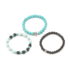 3 pièces 3 bracelets extensibles en perles de pierres précieuses mélangées naturelles et synthétiques de style serti d'étoiles de mer en alliage pour les femmes&nbsp;BJEW-JB08185