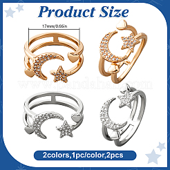 2 Stück 2 Farben Mond & Stern & Herz Messing Micro Pave klare Zirkonia Manschettenringe für Frauen&nbsp;RJEW-HY0001-17