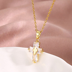 Collar con colgante de cruz religiosa de circonita cúbica transparente pavé de acero inoxidable 304 para mujer&nbsp;WG89AFA-01