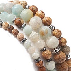 Natürliche Blumen-Amazonit- und Bild-Jaspis-Stretch-Armbandsets mit nichtmagnetischem synthetischem Hämatit&nbsp;BJEW-JB09281