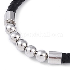 304 Edelstahl-Armbänder mit runden Perlen und Lederkordel&nbsp;BJEW-A009-02P