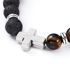 Natürliche Lava Rock & Tiger Eye Perlen verstellbare geflochtene Armbänder&nbsp;BJEW-JB04987-02