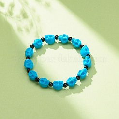 Crâne de jade mashan naturel et bracelet extensible en perles turquoise synthétique (teint)&nbsp;BJEW-JB08377-04