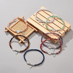 7 Stück 7 Stil natürliche gemischte Edelsteine & Legierung St. Benedikt Medaille Perlen Stretch Armbänder Set&nbsp;BJEW-JB08877
