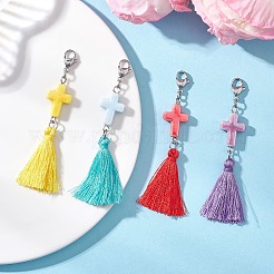 4 pompon en polyester et pendentif en forme de croix en porcelaine fait à la main&nbsp;HJEW-TA00427