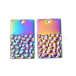 Ion Plating(IP) 304 Stainless Steel Pendants, Textured, Rectangle Charm, Rainbow Color, 27x16x1.5mm, Hole: 1.6mm