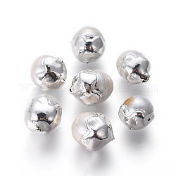 Culture des perles perles d'eau douce naturelles, avec les accessoires en laiton, ovale, couleur argentée, 11.5~14x12~17mm, Trou: 0.8mm