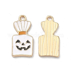 Colgantes de esmalte de aleación de tono dorado claro de halloween, rectángulo con amuleto de fantasma, blanco, 23.5x11x1.5mm, agujero: 2 mm