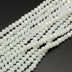 Electroplate Opaque Solid Color Crystal Glass Rondelle Beads Strands, Faceted, AB Color Plated, White, 4x3mm, Hole: 1mm, about 135pcs/strand, 17.9 inch