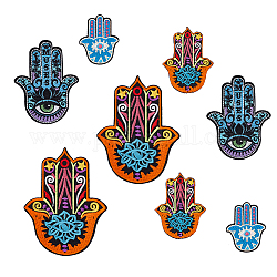 AHADERMAKER 8Pcs 4 Style Hamsa Hand with Evil Eye Pattern Cloth Computerized Embroidery Iron On/Sew On Patches, Mixed Color, 56~121x43.5~91x1.5~2mm, 2pcs/style