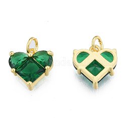 Encantos de cristal, con anillos de salto y fornituras de latón, real 18k chapado en oro, sin níquel, corazón, verde, 12x12x4mm, agujero: 3 mm
