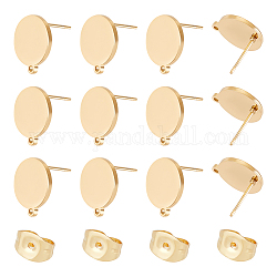 Unicraftale 10 Pairs 304 Stainless Steel Stud Earring Findings, with Horizontal Loops, Flat Round, Golden, 14x12mm, Hole: 1mm, Pin: 0.7mm