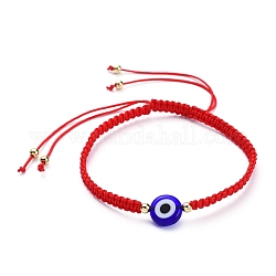 Adjustable Nylon Thread Braided Bead Bracelets, with Handmade Evil Eye Lampwork Beads and Brass Beads, Blue, Inner Diameter: 2-1/2 inch~4-1/8 inch(6.5~10.5cm)
