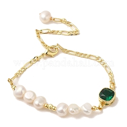 Rhinestone Square Link Bracelet with Natural Pearl, with Brass Chains, Real 14K Gold Plated, 8-5/8 inch(21.8cm)
