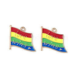 Emaille-Anhänger in Regenbogenfarben, Licht Gold, Flagge mit Wort Liebe gewinnt Charme, Farbig, 18.5x19.5x1.2 mm, Bohrung: 2 mm