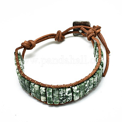 Bracelets en cuir de vachette, avec des perles de jaspe à pois verts naturels rectangulaires et des accessoires en alliage, 9~11 pouce (23~28 cm)