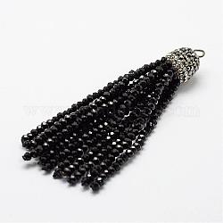 Gros pendentifs de gland de perles en verre, avec les accessoires de strass en laiton, noir, 76x10.8mm, Trou: 2.5mm