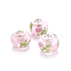 Perline murano europeo fatto a mano, perline rondelle  con foro grande, con tono platino ottone doppie core, rondelle con fiore, perla rosa, 14~15x9~10mm, Foro: 5 mm