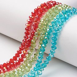Electroplate transparentes abalorios de vidrio hebras, medio arco iris chapado, facetados, rerondana plana, color mezclado, 6x5mm, agujero: 1 mm, aproximamente 85~88 pcs / cadena, 16.1~16.5 pulgada (41~42 cm)